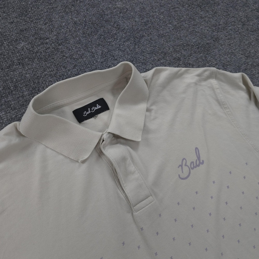 Bad Birdie Polo Shirt Mens XL Tan Reflecting Pond Print Golf Performance Stretch